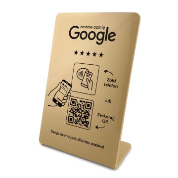 Stojak, prezenter gięty z QR i NFC do zbierania opinii w Google, złoty, wzór 1