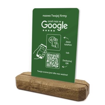 Stojak, prezenter z QR i NFC do zbierania opinii w Google, nazwa firmy, podkład dębowy, zielony klasyczny
