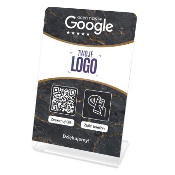 Stojak, prezenter gięty z QR, NFC i logo firmy do zbierania opinii w Google, ciemny marmur