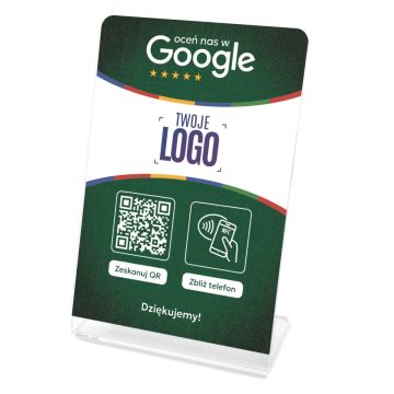 Stojak, prezenter gięty z QR, NFC i logo firmy do zbierania opinii w Google, zielony