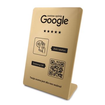 Stojak, prezenter gięty z QR i NFC do zbierania opinii w Google, złoty, wzór 2