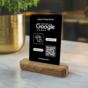 Stojak, prezenter z QR i NFC do zbierania opinii w Google, nazwa firmy, podkład dębowy, czarny pionowy