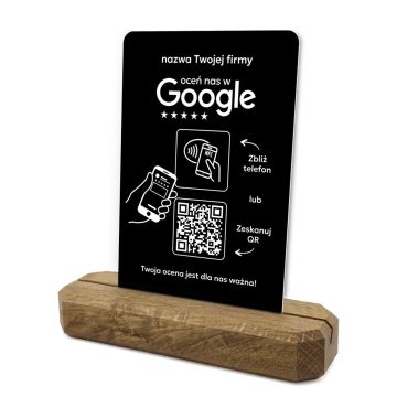 Stojak, prezenter z QR i NFC do zbierania opinii w Google, nazwa firmy, podkład dębowy, czarny klasyczny