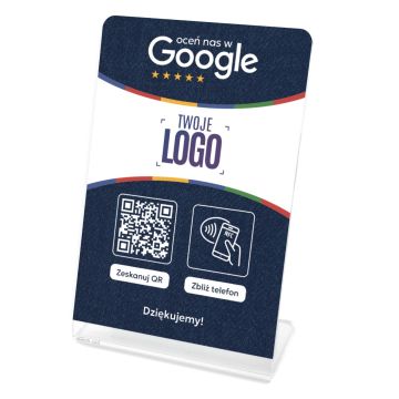 Stojak, prezenter gięty z QR, NFC i logo firmy do zbierania opinii w Google, niebieski