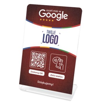 Stojak, prezenter gięty z QR, NFC i logo firmy do zbierania opinii w Google, czerwony