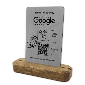 Stojak, prezenter z QR i NFC do zbierania opinii w Google, nazwa firmy, podkład dębowy, srebrny klasyczny