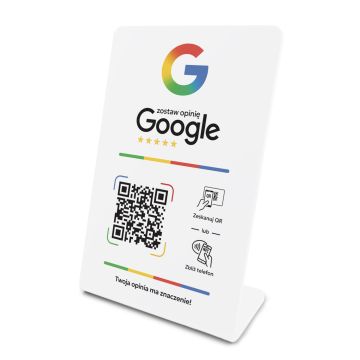 Stojak, prezenter gięty z QR i NFC do zbierania opinii w Google, biały, wzór 4