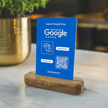 Stojak, prezenter z QR i NFC do zbierania opinii w Google, nazwa firmy, podkład dębowy, niebieski pionowy