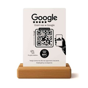 Biały stojak Google NFC i QR – prezenter / stand do zbierania opinii