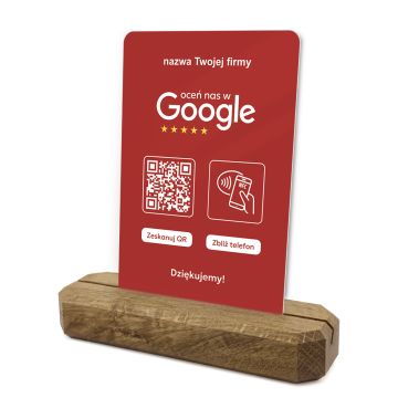 Stojak, prezenter z QR i NFC do zbierania opinii w Google, nazwa firmy, podkład dębowy, czerwony