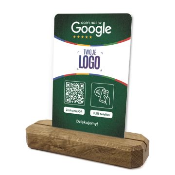 Stojak, prezenter z QR, NFC i logo firmy do zbierania opinii w Google, podkład dębowy, zielony
