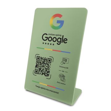 Stojak, prezenter gięty z QR i NFC do zbierania opinii w Google, oliwkowy, wzór 1