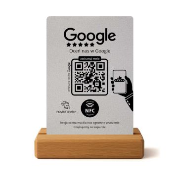 Szary stojak / prezenter Google z NFC i QR – do opinii klientów