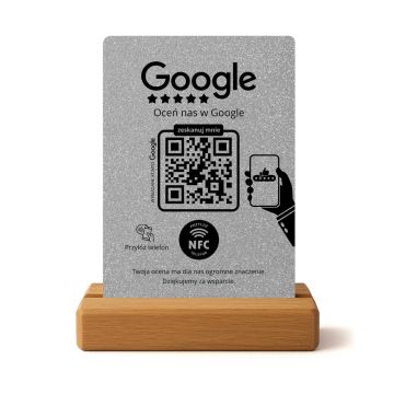 Stojak / prezenter do opinii Google z NFC i QR – srebrny brokat