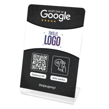 Stojak, prezenter gięty z QR, NFC i logo firmy do zbierania opinii w Google, ciemnoszary