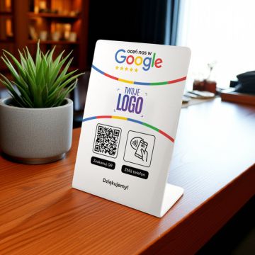 Stojak, prezenter gięty z QR, NFC i logo firmy do zbierania opinii w Google, wzór 1