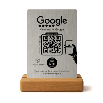 Stojak do opinii Google z NFC i QR – Szczotkowane Srebro | Gotowy Prezenter