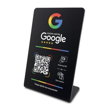 Stojak, prezenter gięty z QR i NFC do zbierania opinii w Google, czarny, wzór 3